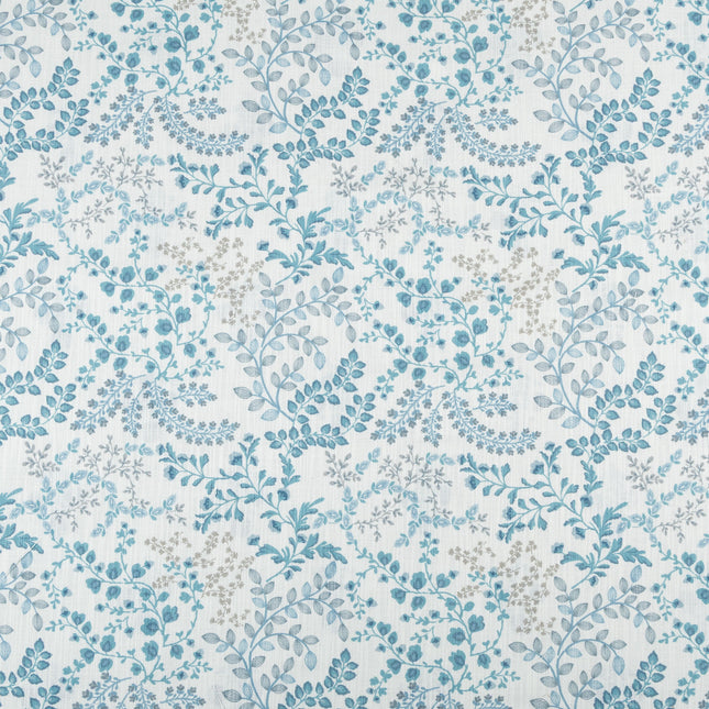Off-White Colour with Teal, Slate Grey and Taupe Botanical Vine All Over Print Curtain Fabric