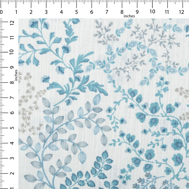 Off-White Colour with Teal, Slate Grey and Taupe Botanical Vine All Over Print Curtain Fabric