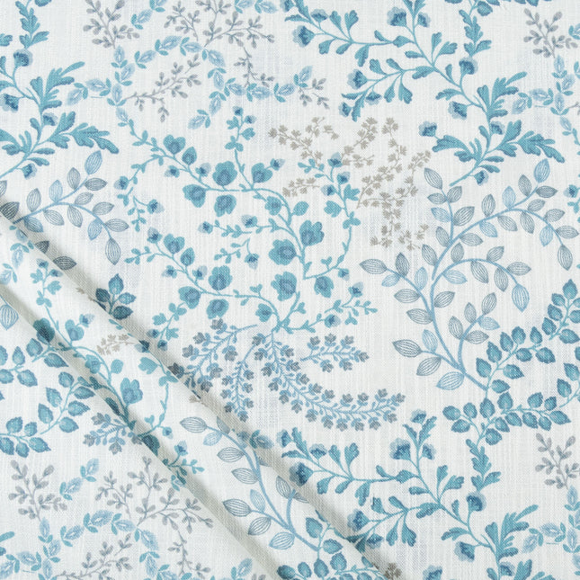 Off-White Colour with Teal, Slate Grey and Taupe Botanical Vine All Over Print Curtain Fabric