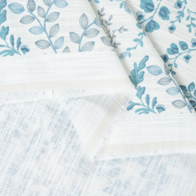 Off-White Colour with Teal, Slate Grey and Taupe Botanical Vine All Over Print Curtain Fabric