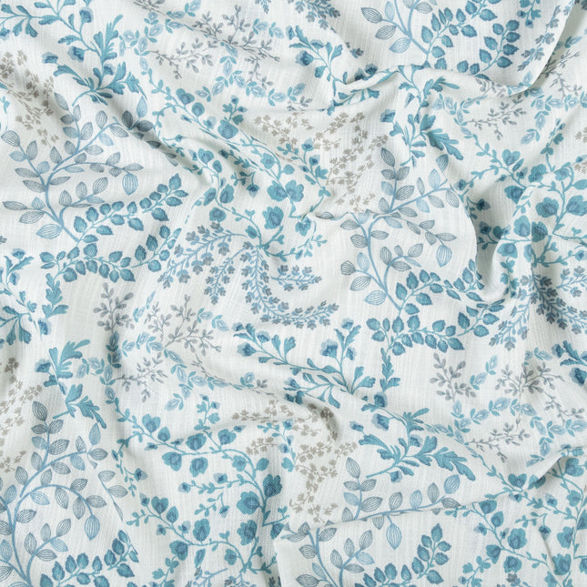 Off-White Colour with Teal, Slate Grey and Taupe Botanical Vine All Over Print Curtain Fabric
