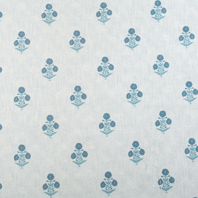 Off-White Colour with Teal Floral Motif Scattered Print Curtain Fabric