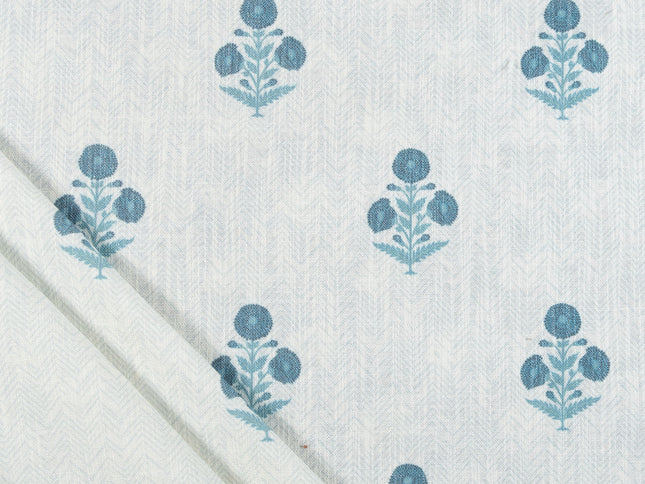 Off-White Colour with Teal Floral Motif Scattered Print Curtain Fabric