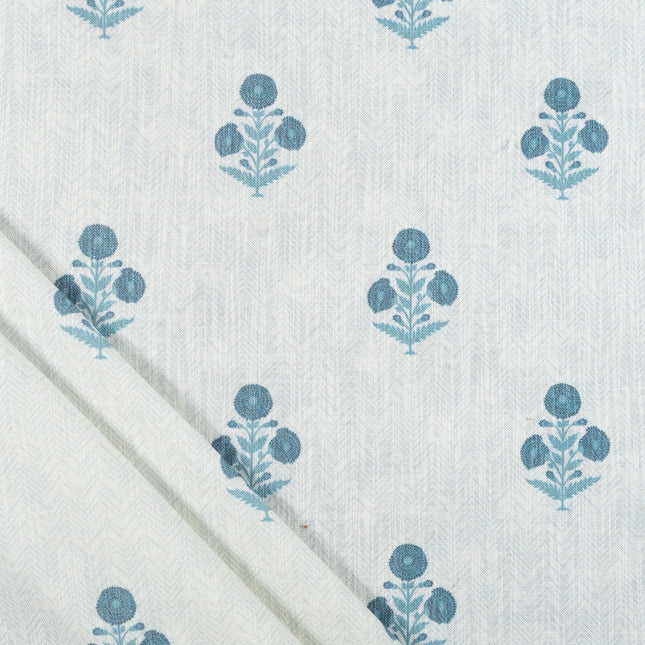 Off-White Colour with Teal Floral Motif Scattered Print Curtain Fabric