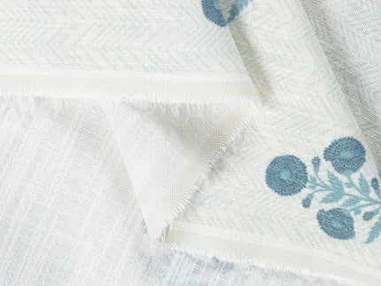 Off-White Colour with Teal Floral Motif Scattered Print Curtain Fabric