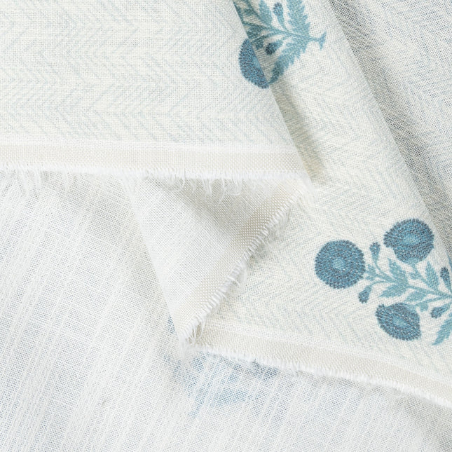 Off-White Colour with Teal Floral Motif Scattered Print Curtain Fabric