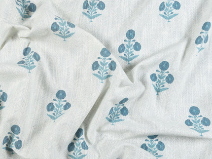 Off-White Colour with Teal Floral Motif Scattered Print Curtain Fabric