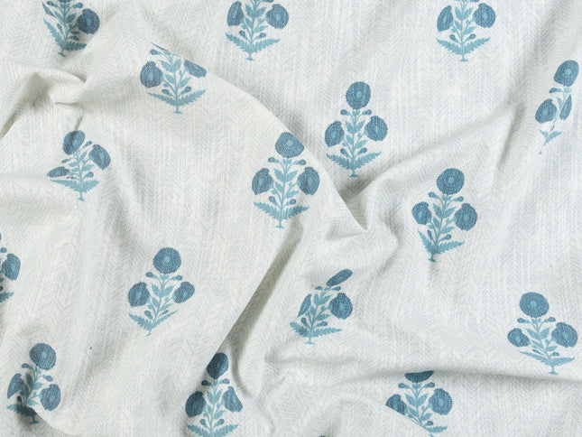 Off-White Colour with Teal Floral Motif Scattered Print Curtain Fabric