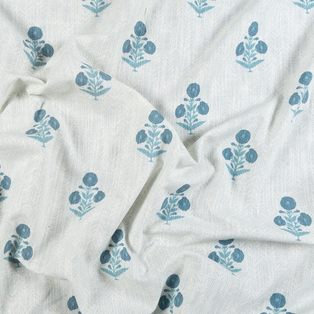 Off-White Colour with Teal Floral Motif Scattered Print Curtain Fabric