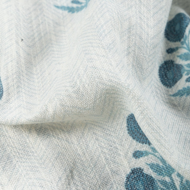 Off-White Colour with Teal Floral Motif Scattered Print Curtain Fabric
