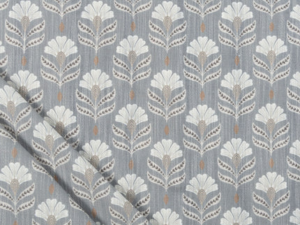 Slate Grey Colour with Ivory and Taupe Floral Motif All Over Print Curtain Fabric