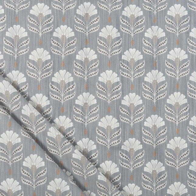Slate Grey Colour with Ivory and Taupe Floral Motif All Over Print Curtain Fabric