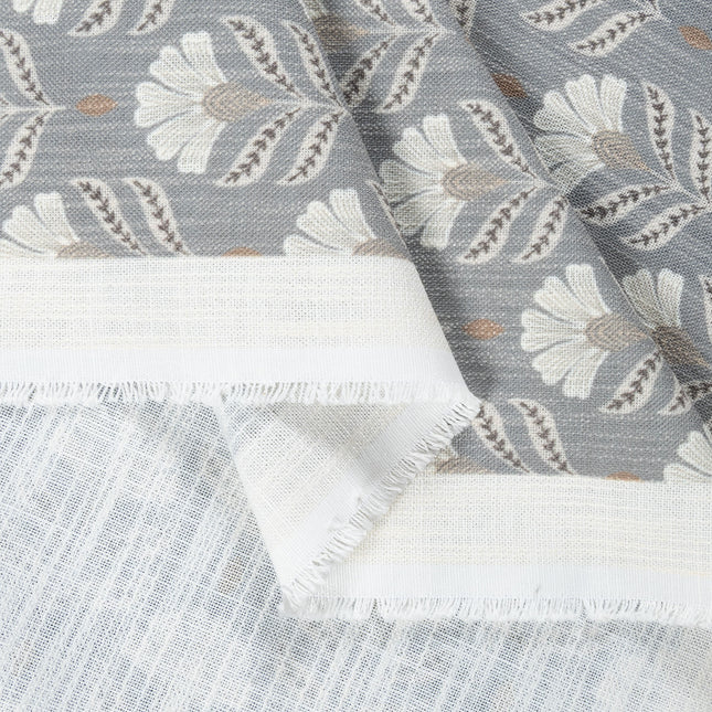 Slate Grey Colour with Ivory and Taupe Floral Motif All Over Print Curtain Fabric