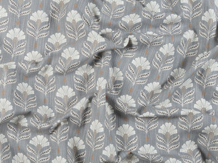 Slate Grey Colour with Ivory and Taupe Floral Motif All Over Print Curtain Fabric