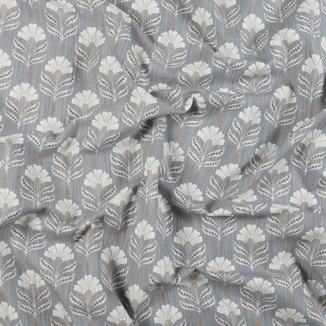 Slate Grey Colour with Ivory and Taupe Floral Motif All Over Print Curtain Fabric