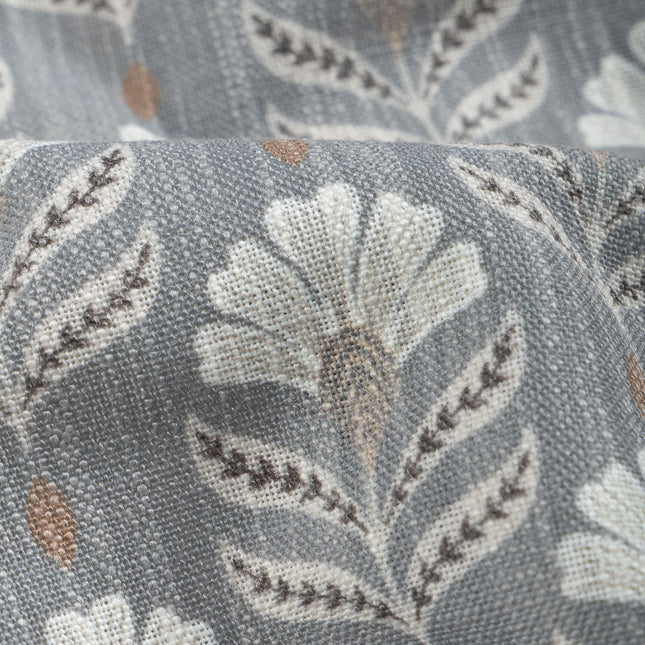 Slate Grey Colour with Ivory and Taupe Floral Motif All Over Print Curtain Fabric