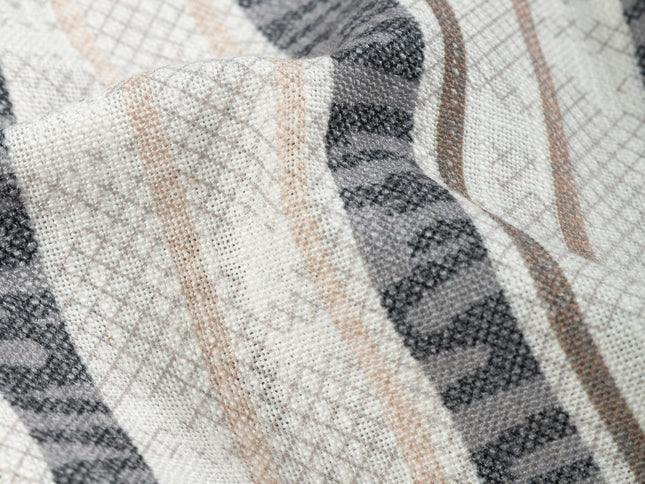 Off-White Colour with Slate Grey and Taupe Vertical Stripe Print Curtain Fabric