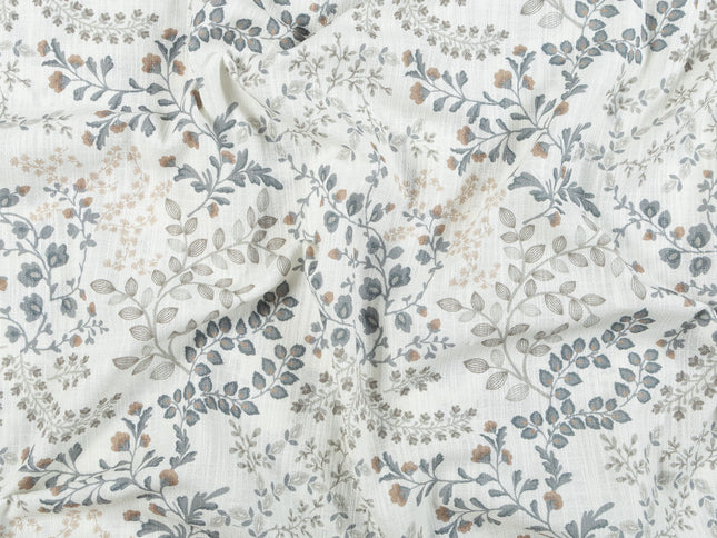 Off-White Colour with Slate Grey, Taupe and Sage Green Botanical Vine All Over Print Curtain Fabric
