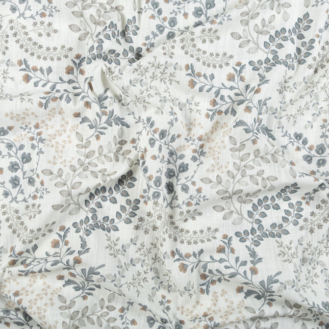 Off-White Colour with Slate Grey, Taupe and Sage Green Botanical Vine All Over Print Curtain Fabric