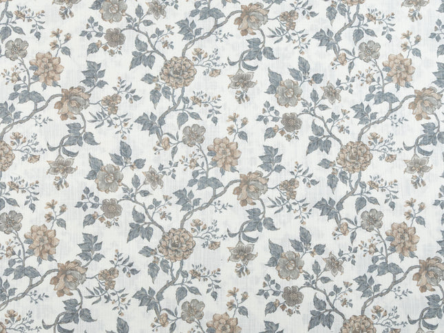 Off-White Colour with Greenish Grey and Taupe Vintage Floral Vine All Over Print Curtain Fabric