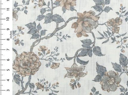 Off-White Colour with Greenish Grey and Taupe Vintage Floral Vine All Over Print Curtain Fabric