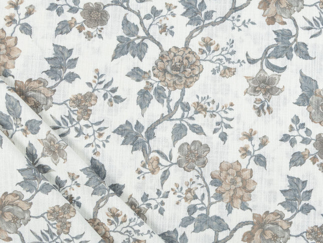 Off-White Colour with Greenish Grey and Taupe Vintage Floral Vine All Over Print Curtain Fabric