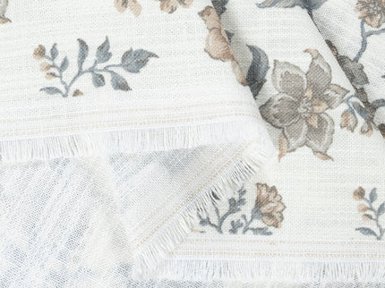 Off-White Colour with Greenish Grey and Taupe Vintage Floral Vine All Over Print Curtain Fabric