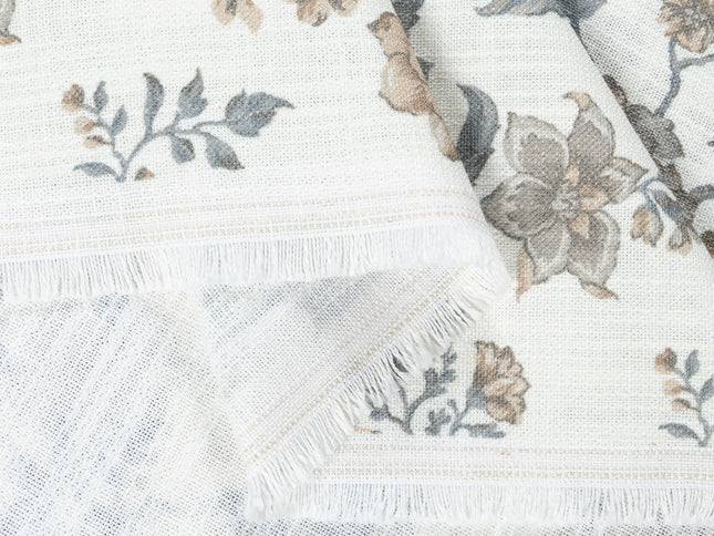 Off-White Colour with Greenish Grey and Taupe Vintage Floral Vine All Over Print Curtain Fabric