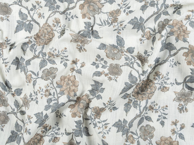 Off-White Colour with Greenish Grey and Taupe Vintage Floral Vine All Over Print Curtain Fabric