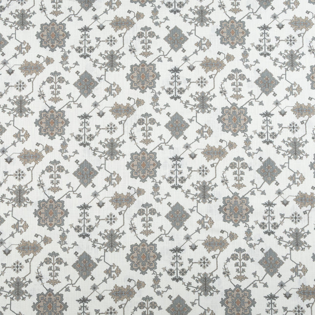 Off-White Colour with Greenish Grey and Taupe Ethnic Floral All Over Print Curtain Fabric