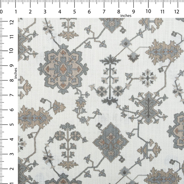 Off-White Colour with Greenish Grey and Taupe Ethnic Floral All Over Print Curtain Fabric