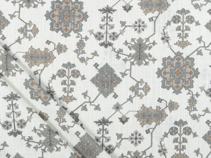 Off-White Colour with Greenish Grey and Taupe Ethnic Floral All Over Print Curtain Fabric