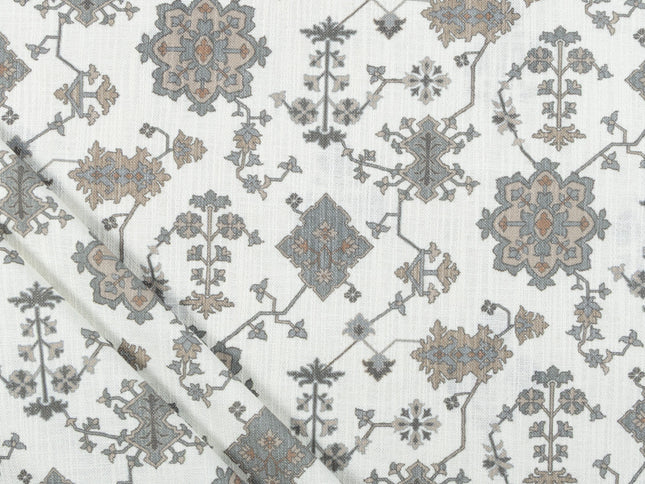 Off-White Colour with Greenish Grey and Taupe Ethnic Floral All Over Print Curtain Fabric