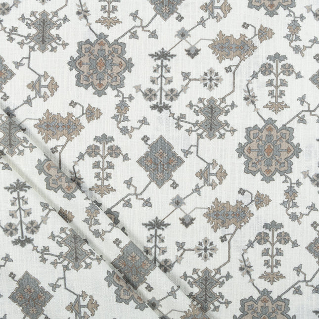 Off-White Colour with Greenish Grey and Taupe Ethnic Floral All Over Print Curtain Fabric