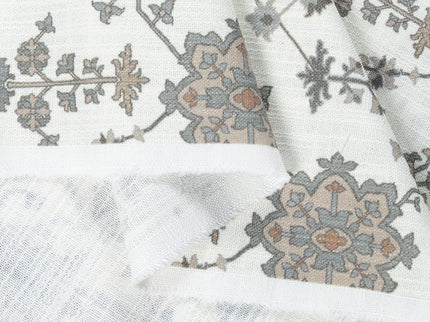 Off-White Colour with Greenish Grey and Taupe Ethnic Floral All Over Print Curtain Fabric