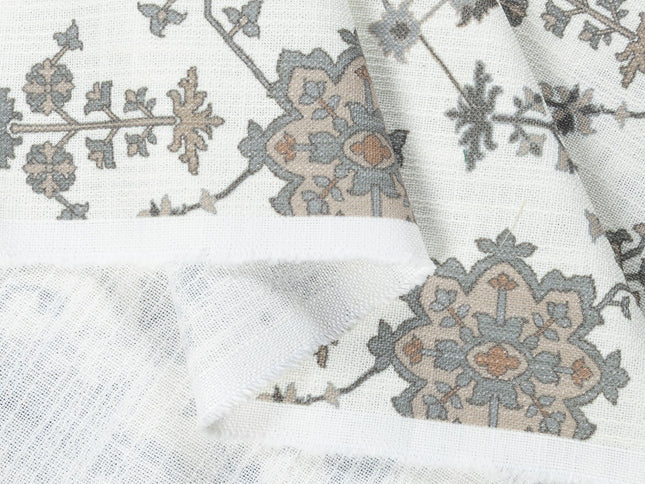 Off-White Colour with Greenish Grey and Taupe Ethnic Floral All Over Print Curtain Fabric