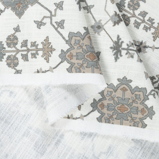 Off-White Colour with Greenish Grey and Taupe Ethnic Floral All Over Print Curtain Fabric