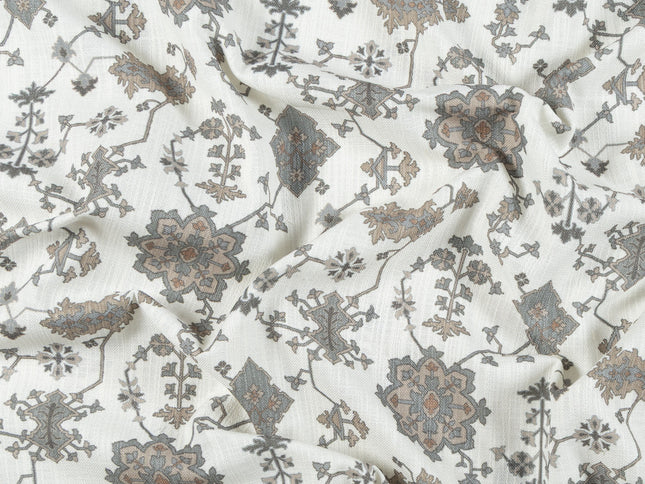 Off-White Colour with Greenish Grey and Taupe Ethnic Floral All Over Print Curtain Fabric