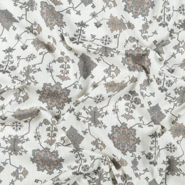 Off-White Colour with Greenish Grey and Taupe Ethnic Floral All Over Print Curtain Fabric