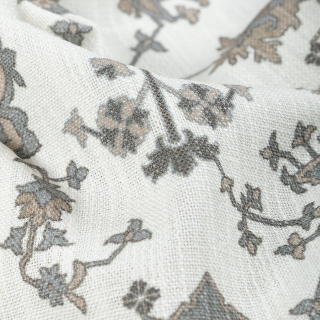 Off-White Colour with Greenish Grey and Taupe Ethnic Floral All Over Print Curtain Fabric