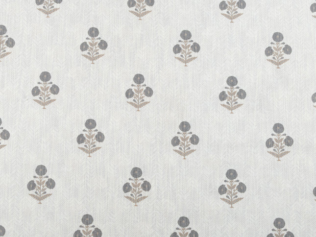 Off-White Colour with Slate Grey  and Taupe Floral Motif Scattered Print Curtain Fabric