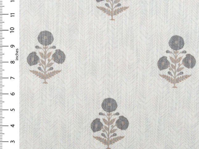 Off-White Colour with Slate Grey  and Taupe Floral Motif Scattered Print Curtain Fabric