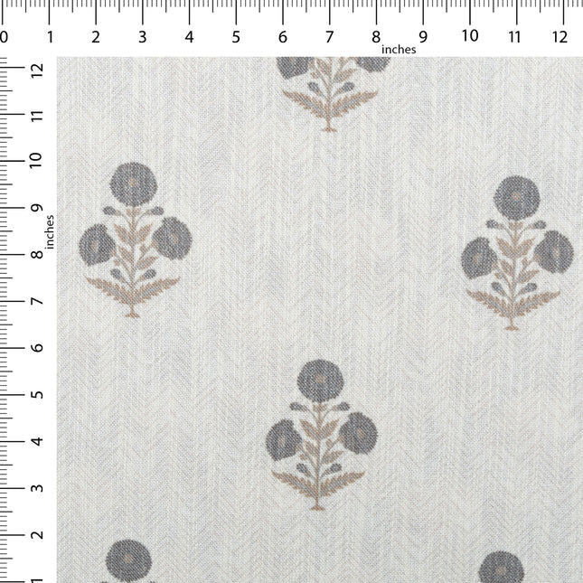 Off-White Colour with Slate Grey  and Taupe Floral Motif Scattered Print Curtain Fabric