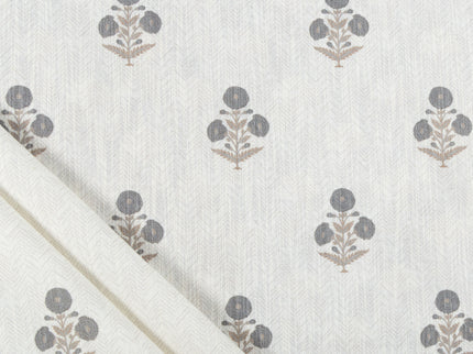 Off-White Colour with Slate Grey  and Taupe Floral Motif Scattered Print Curtain Fabric