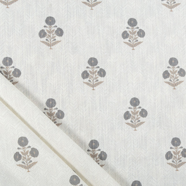 Off-White Colour with Slate Grey  and Taupe Floral Motif Scattered Print Curtain Fabric