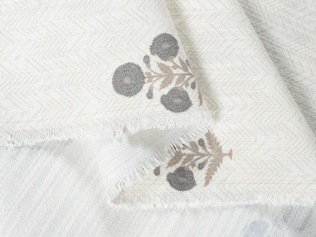 Off-White Colour with Slate Grey  and Taupe Floral Motif Scattered Print Curtain Fabric