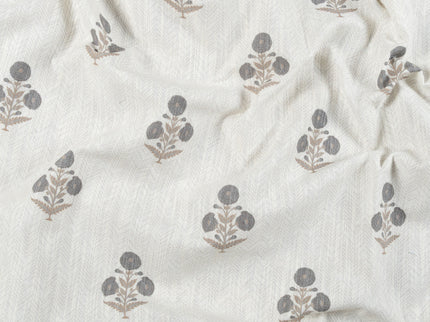 Off-White Colour with Slate Grey  and Taupe Floral Motif Scattered Print Curtain Fabric