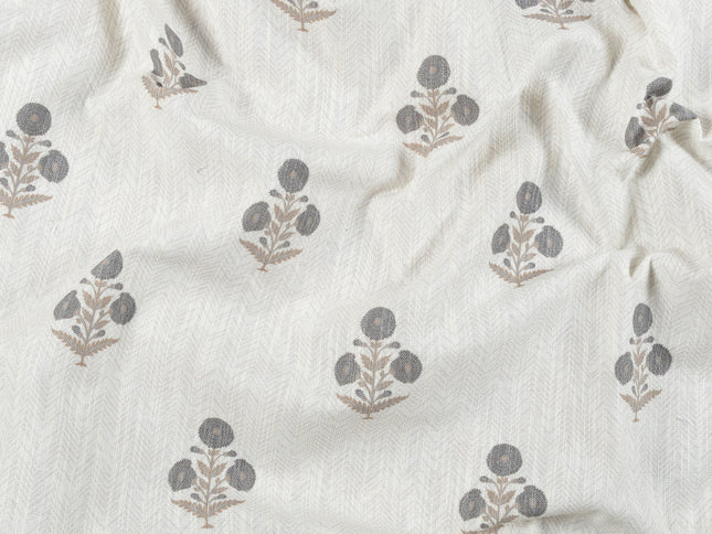 Off-White Colour with Slate Grey  and Taupe Floral Motif Scattered Print Curtain Fabric