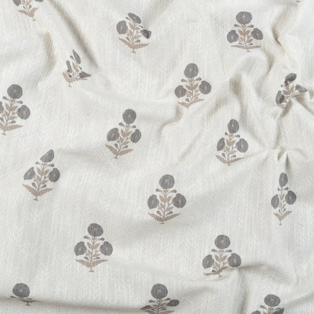 Off-White Colour with Slate Grey  and Taupe Floral Motif Scattered Print Curtain Fabric