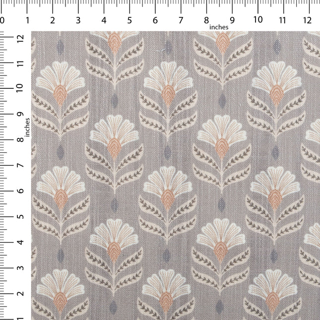 Slate Brown Colour with Terracotta and White Floral Motif All Over Print Curtain Fabric